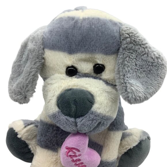 KellyToy Striped Gray & White Plush Dog Toy Holding Pink "Kisses" Heart 10.5” - Picture 2 of 9